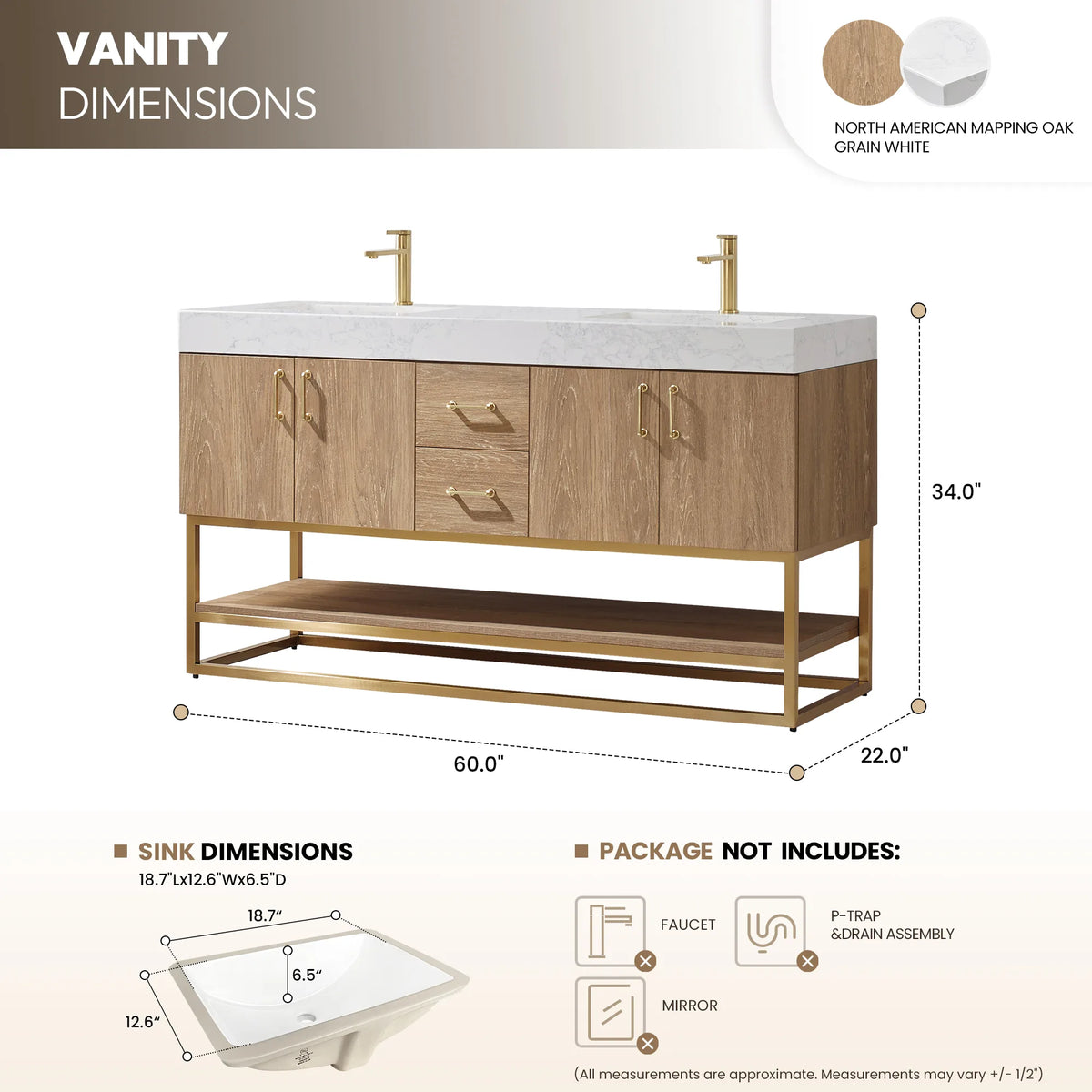 Dimension drawing showing the overall width, depth and height of the 60 inch double vanity
