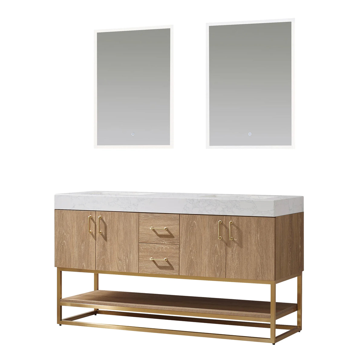 Front view of the double vanity with its two matching mirrors, on white