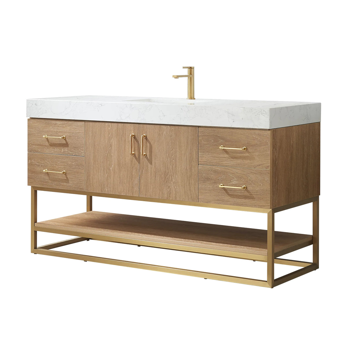 60 inch single vanity in North American Oak, shown on white with a gold base