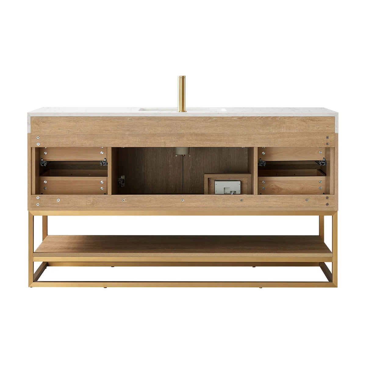 Front view of the cabinet with the fronts removed, showing its interior bay and shelf on a white background