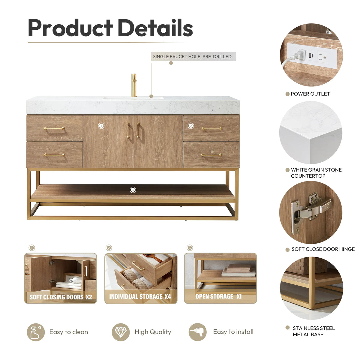 Details graphic with callouts for the power outlet, white grain stone top, soft-close door and metal base