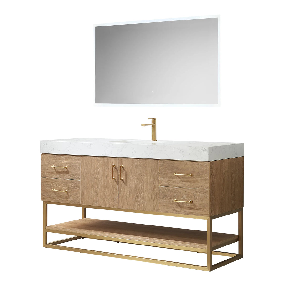 Front view of the 60 inch vanity with matching mirror on white, drawers at each side of the center doors, gold pulls