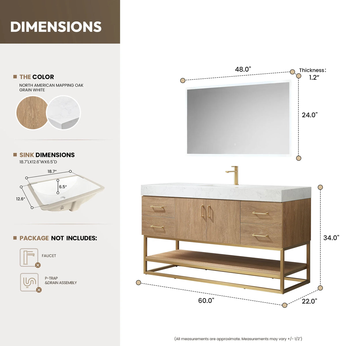 Overall width, depth and height marked on a dimension drawing of the 60 inch single vanity and its mirror