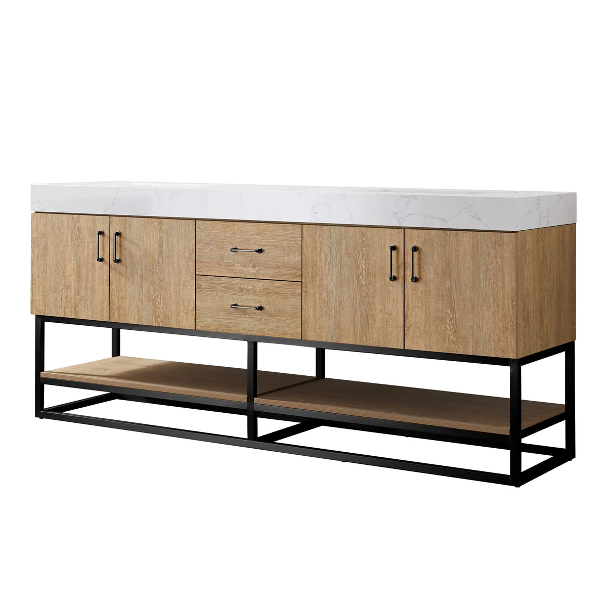 Front view on white of a North American Oak double bathroom vanity, 72 inch, with matte black pulls and base