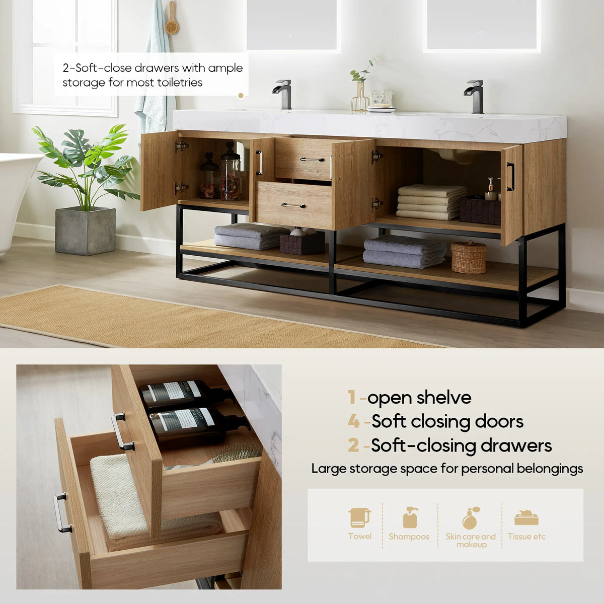 Storage feature graphic of open doors, open shelf and a drawer interior inset on the double vanity with black base