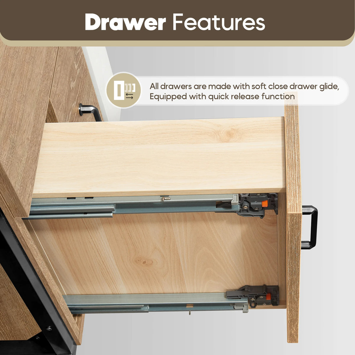Close-up of an open drawer on its soft-close glide with quick-release function and a black pull