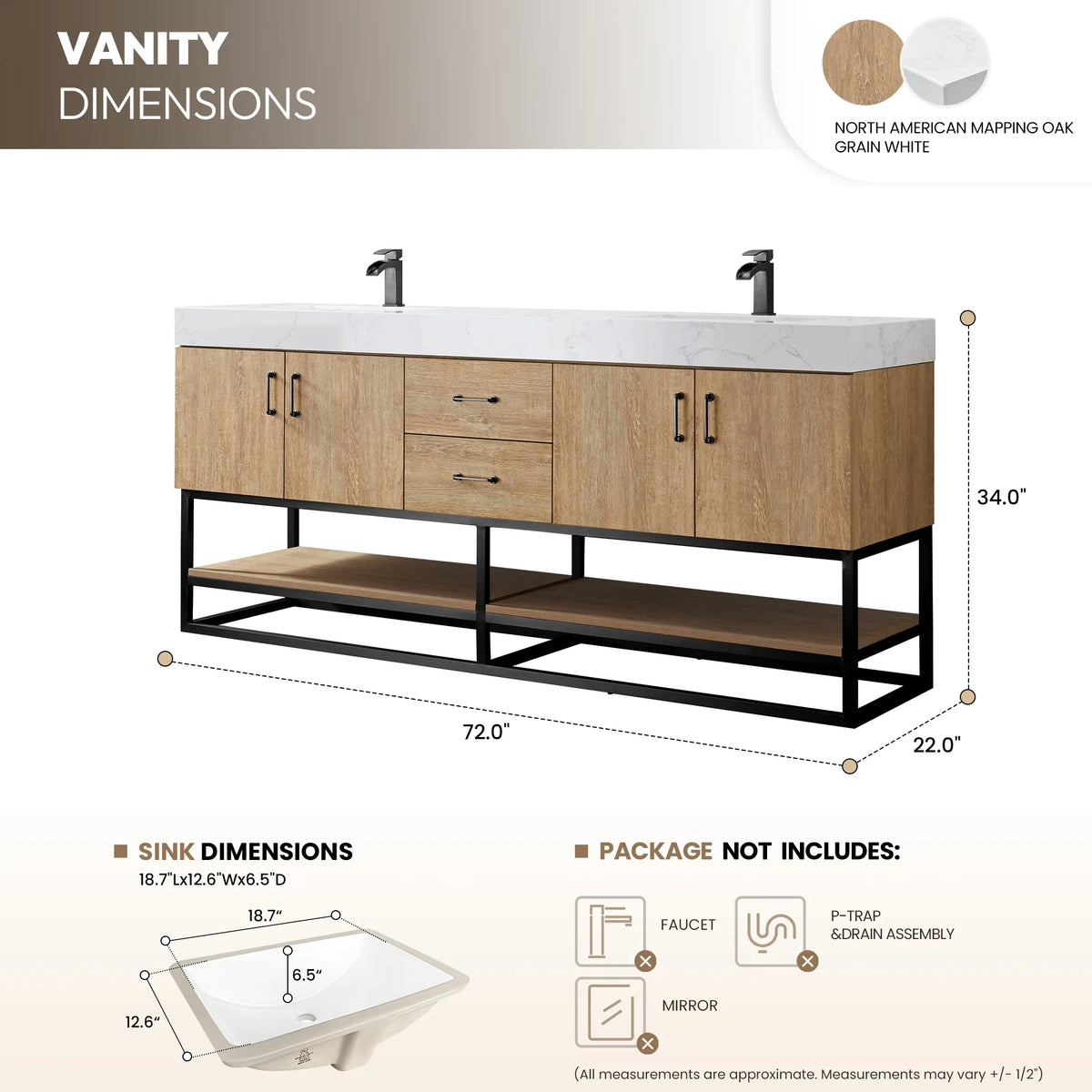 Dimension drawing showing the overall width, depth and height of the 72 inch double vanity