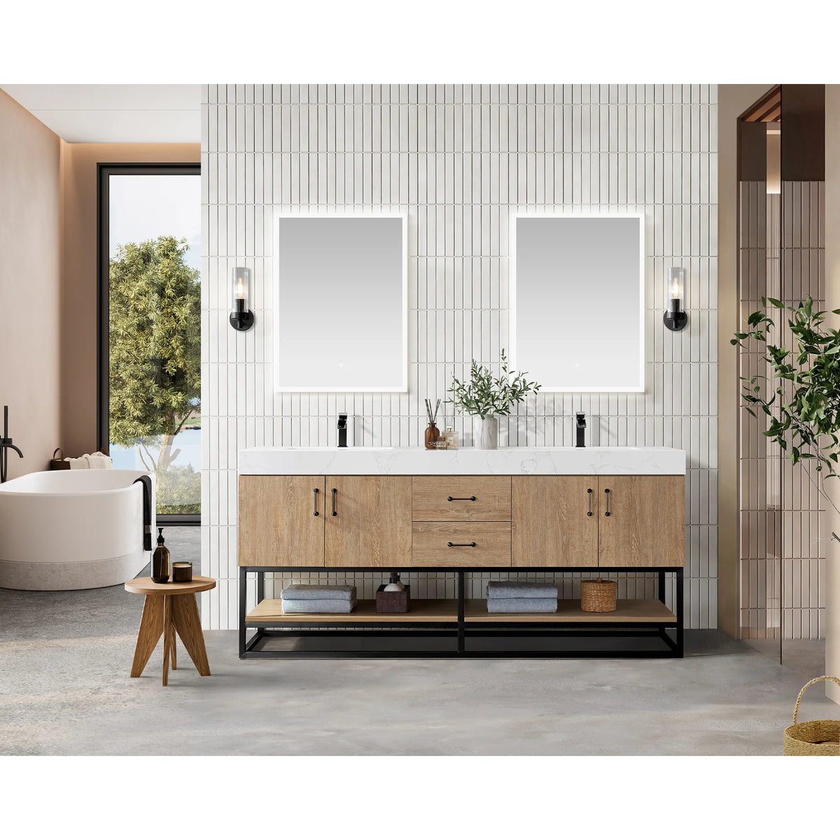 Room scene with a 72 inch double vanity in matte black hardware, two wall mirrors, soaking tub, stool and tiled wall