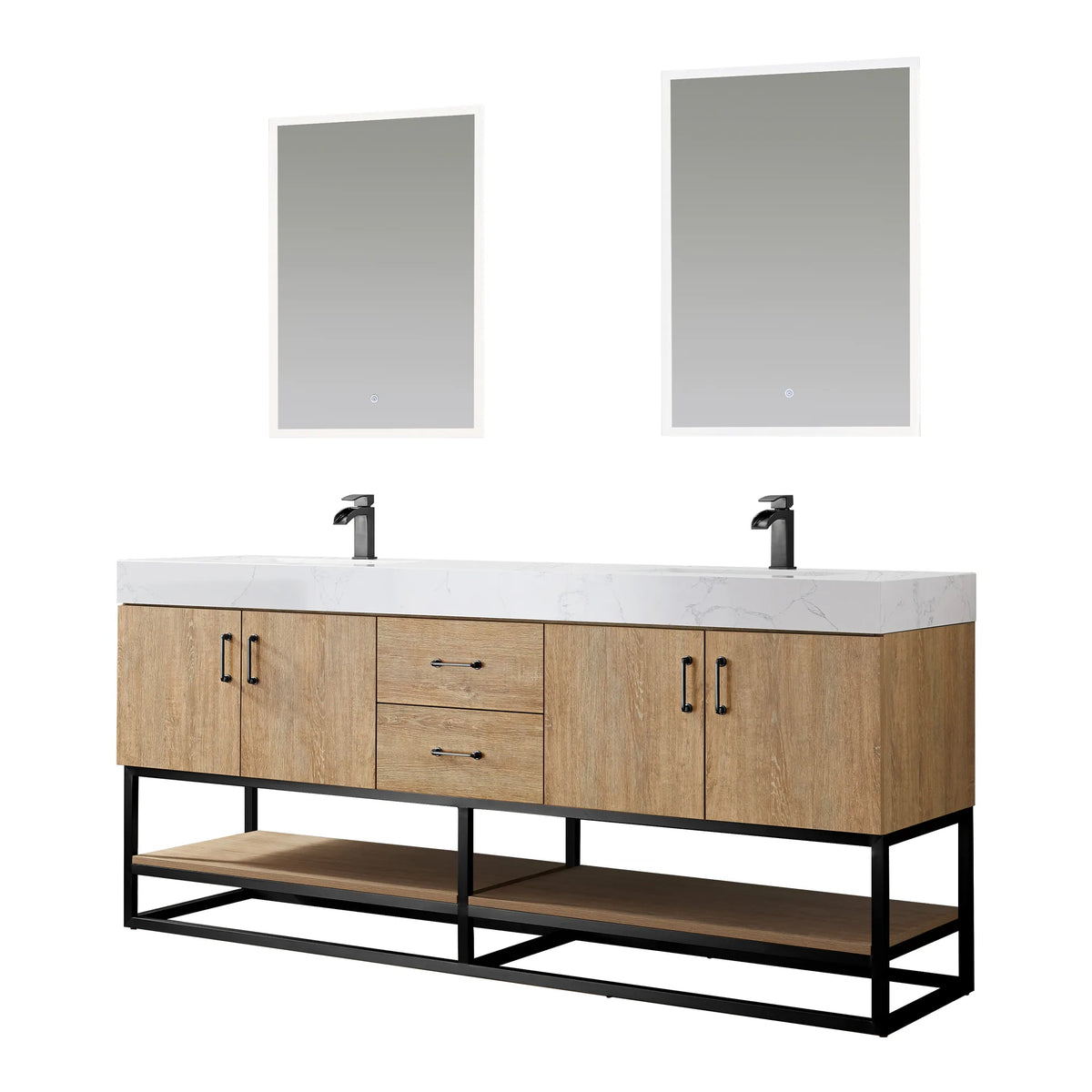 Front view of the double vanity with two mirrors, on white, black base and pulls