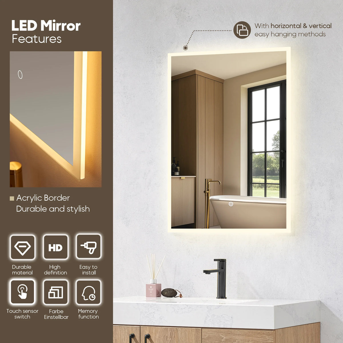 LED mirror feature graphic: upright mirror, lit acrylic border, edge cutaway and icon grid