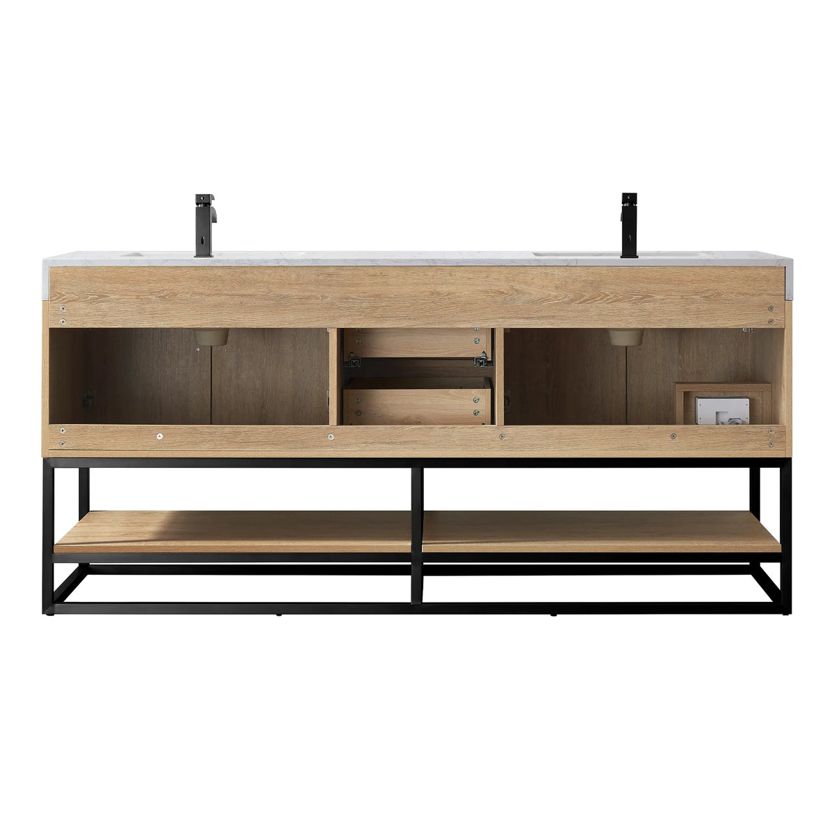 Front view of the double vanity cabinet without doors or drawers, showing open bays and a lower shelf, on white