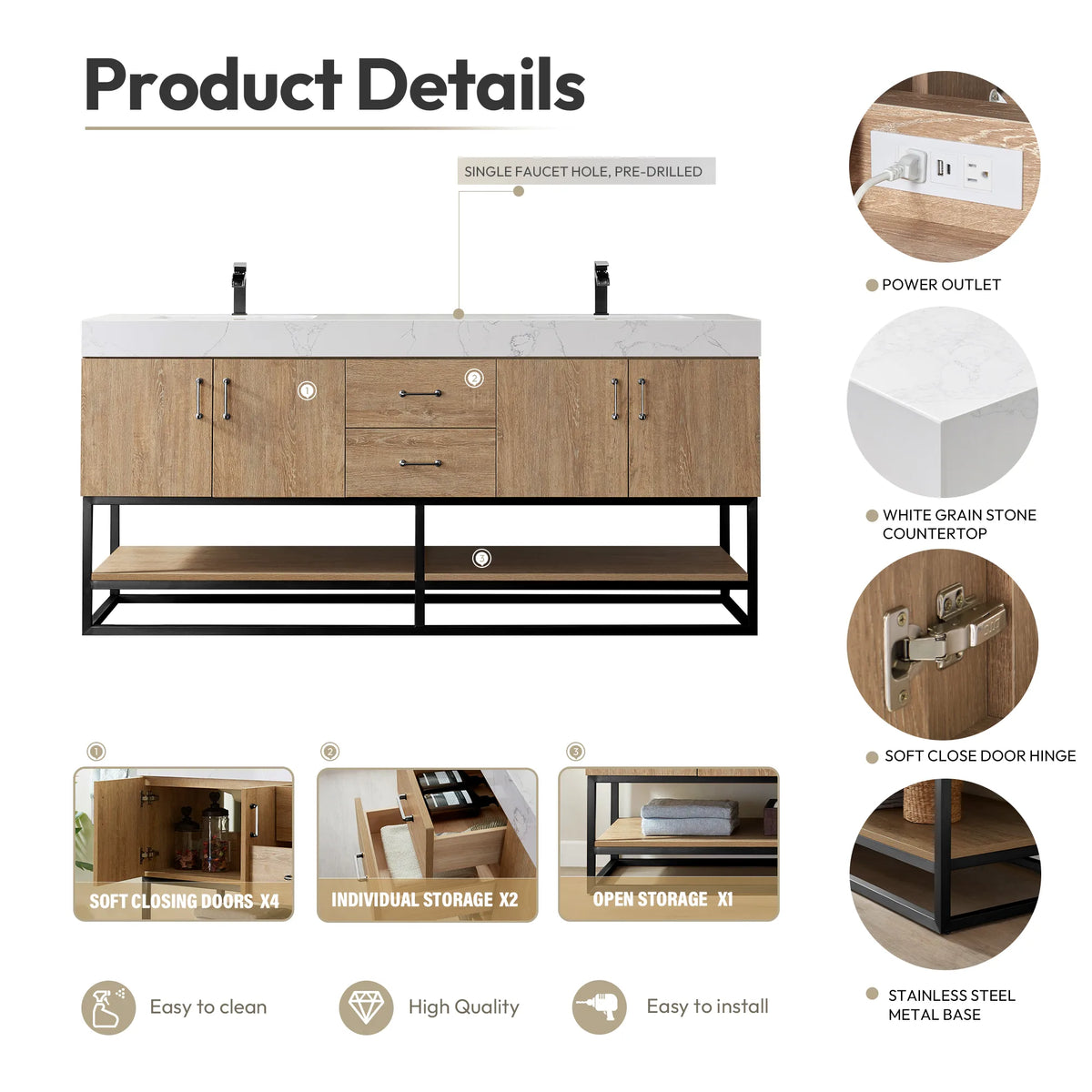 Details graphic with callouts for the outlet, white grain stone top, soft-close door and metal base