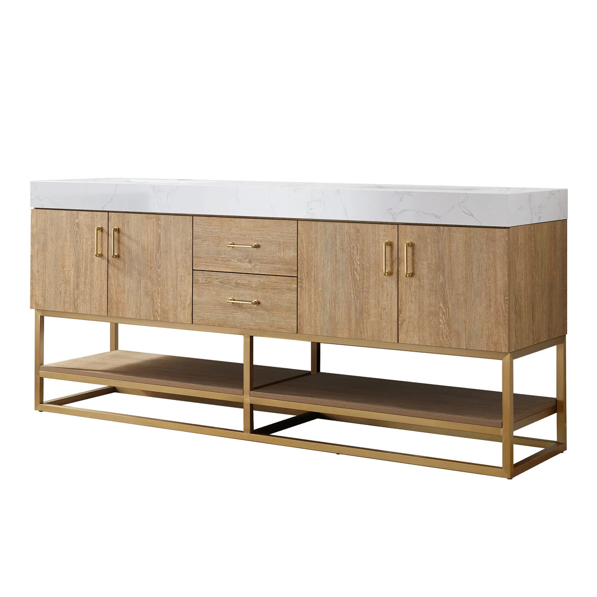 North American Oak double bathroom vanity, 72 inch, front view on white with center drawers and gold base