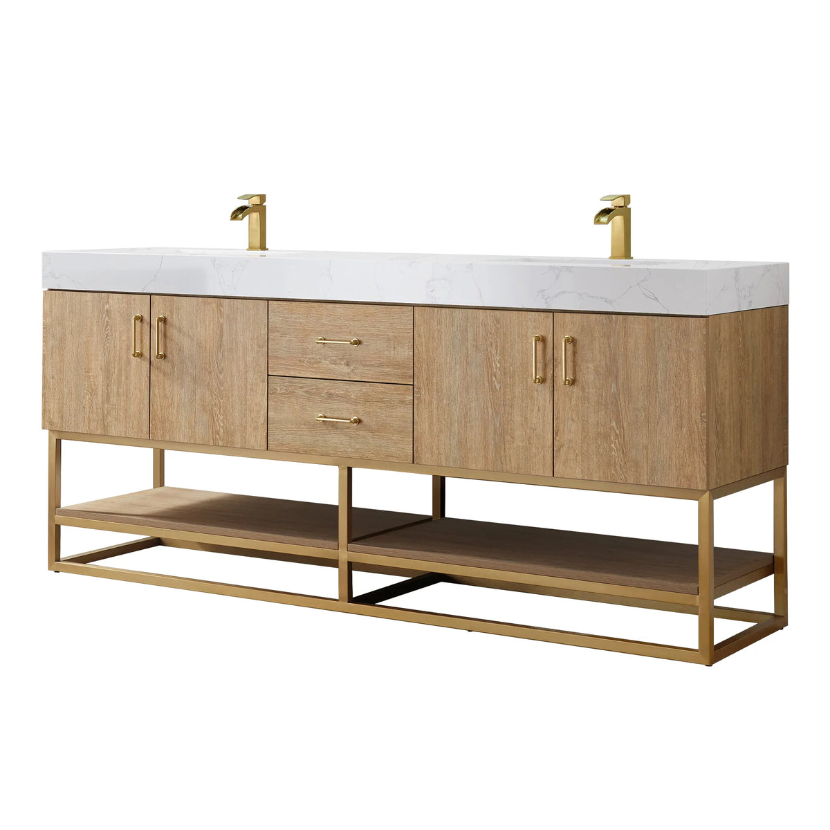 72 inch double vanity in North American Oak shown on white, gold base