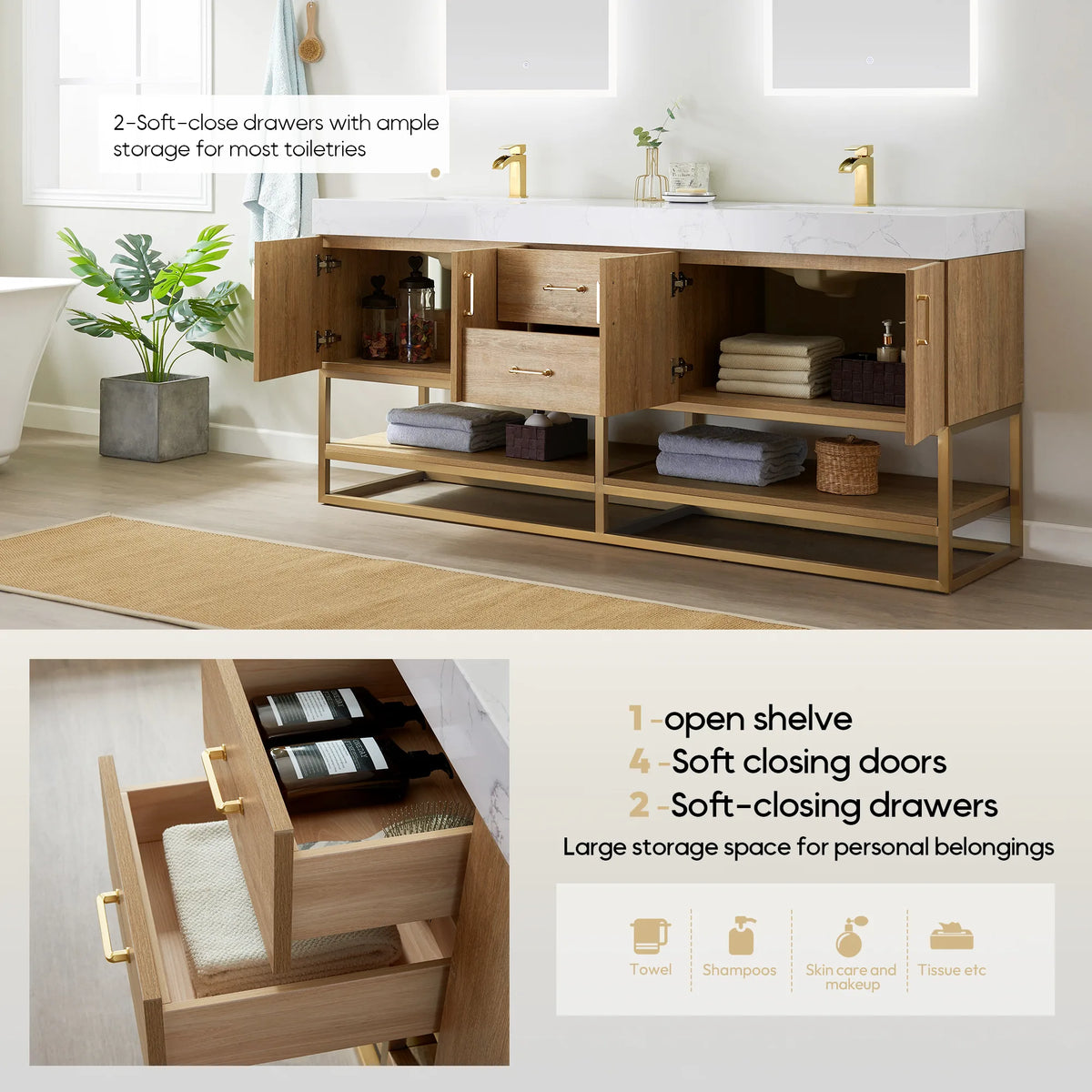 Feature graphic of open doors and drawers above the open shelf on the double vanity, with towels, jars and a drawer inset