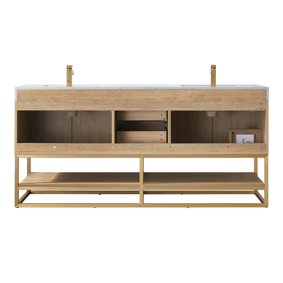 Front view of the double vanity cabinet without doors or drawers, showing open bays and a lower shelf, on white