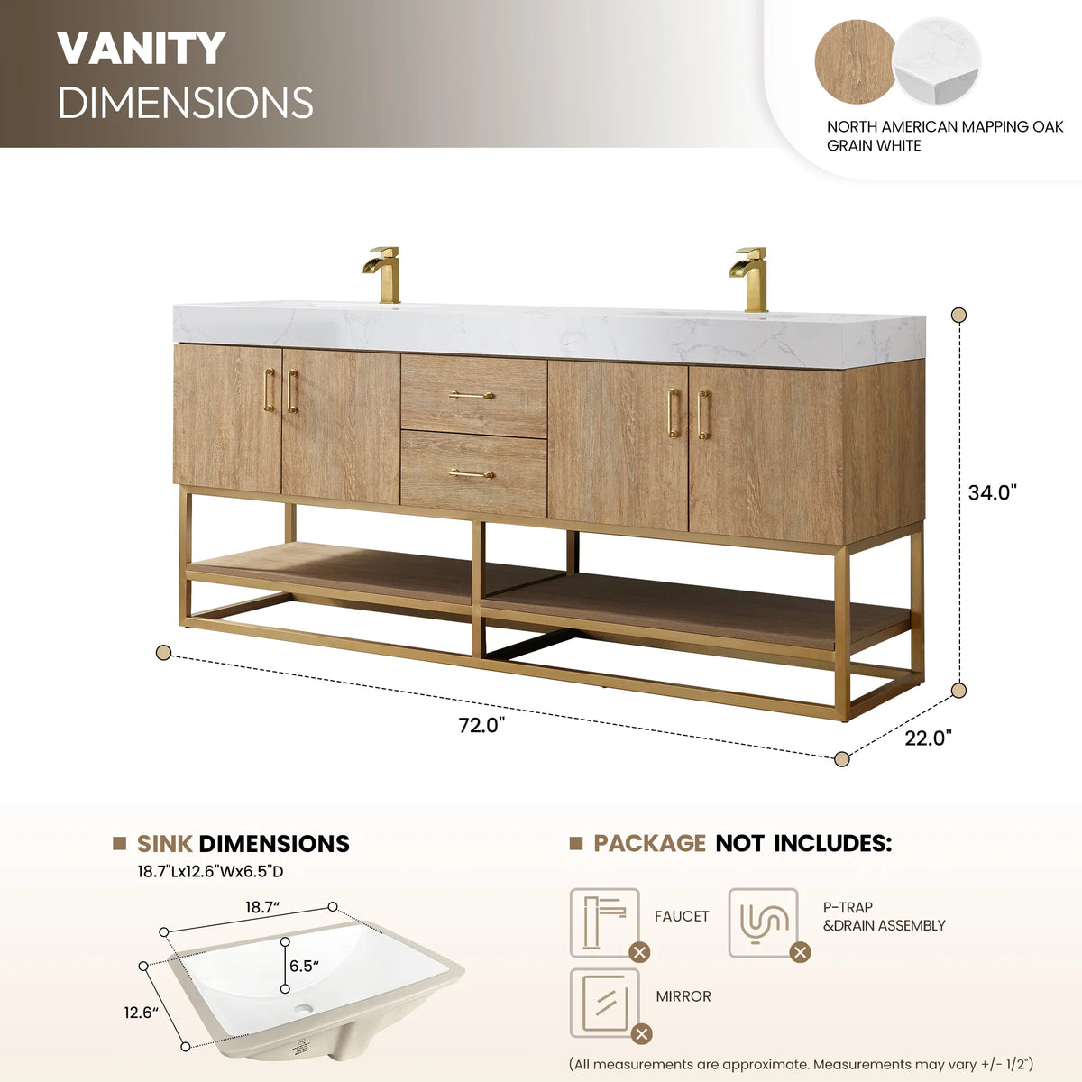 Dimension drawing showing the overall width, depth and height of the 72 inch double vanity