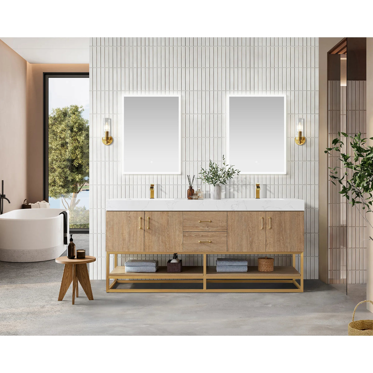 Room scene with a 72 inch double vanity, two wall mirrors, soaking tub and stool in front of a tiled wall