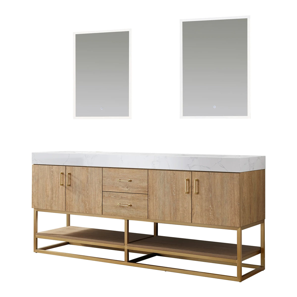 Front view of the double vanity with two matching mirrors on white, gold pulls and open lower shelf