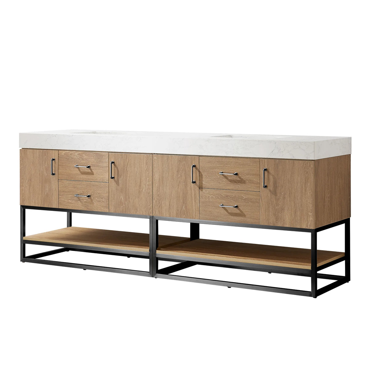 North American Oak double bathroom vanity, 84 inch, front view on white with matte black pulls and base