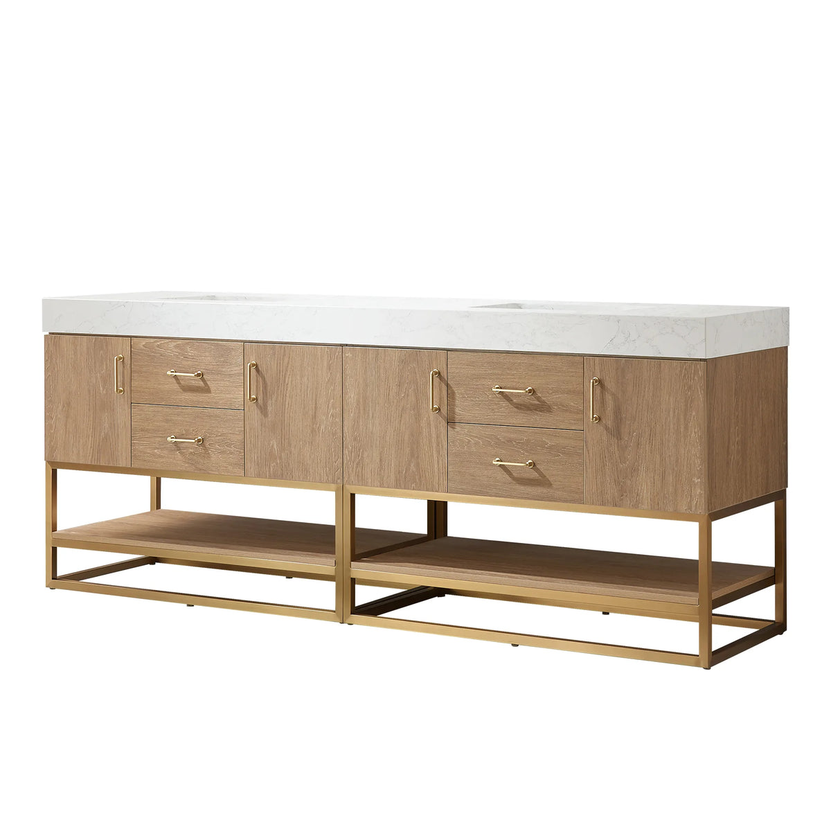 North American Oak double bathroom vanity, 84 inch, front view on white with brushed gold pulls