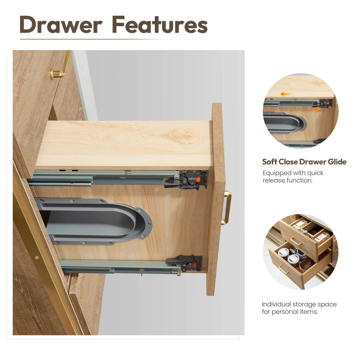 Feature graphic of an open drawer with callouts for its soft-close glide and the drawer's storage space