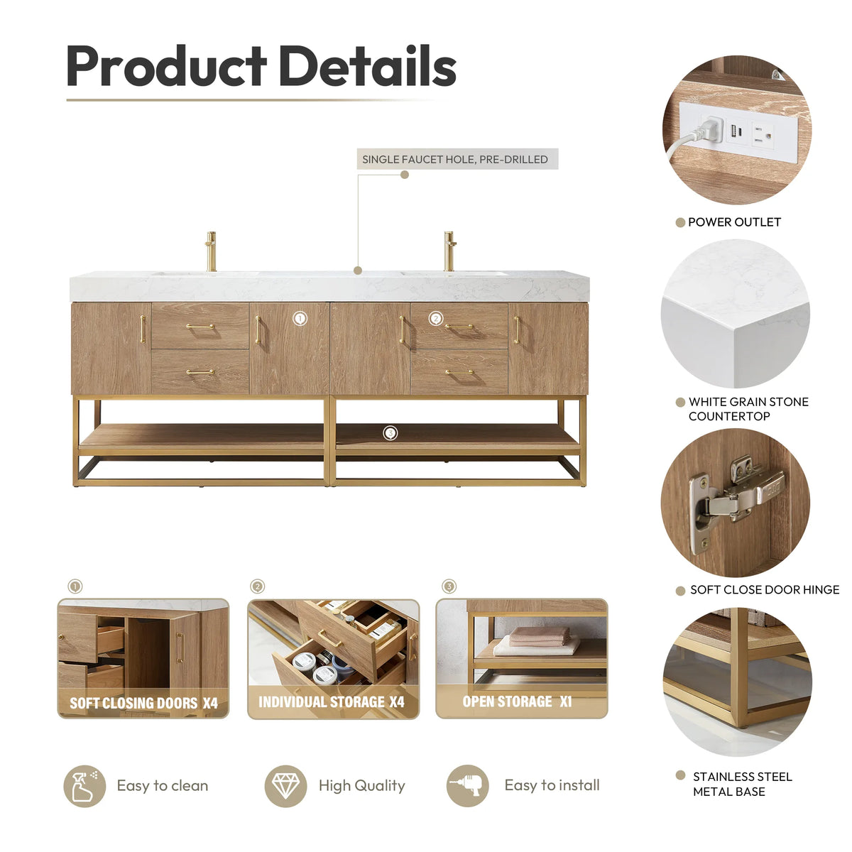 Callout graphic naming the power outlet, white grain stone top, soft-close door and gold metal base