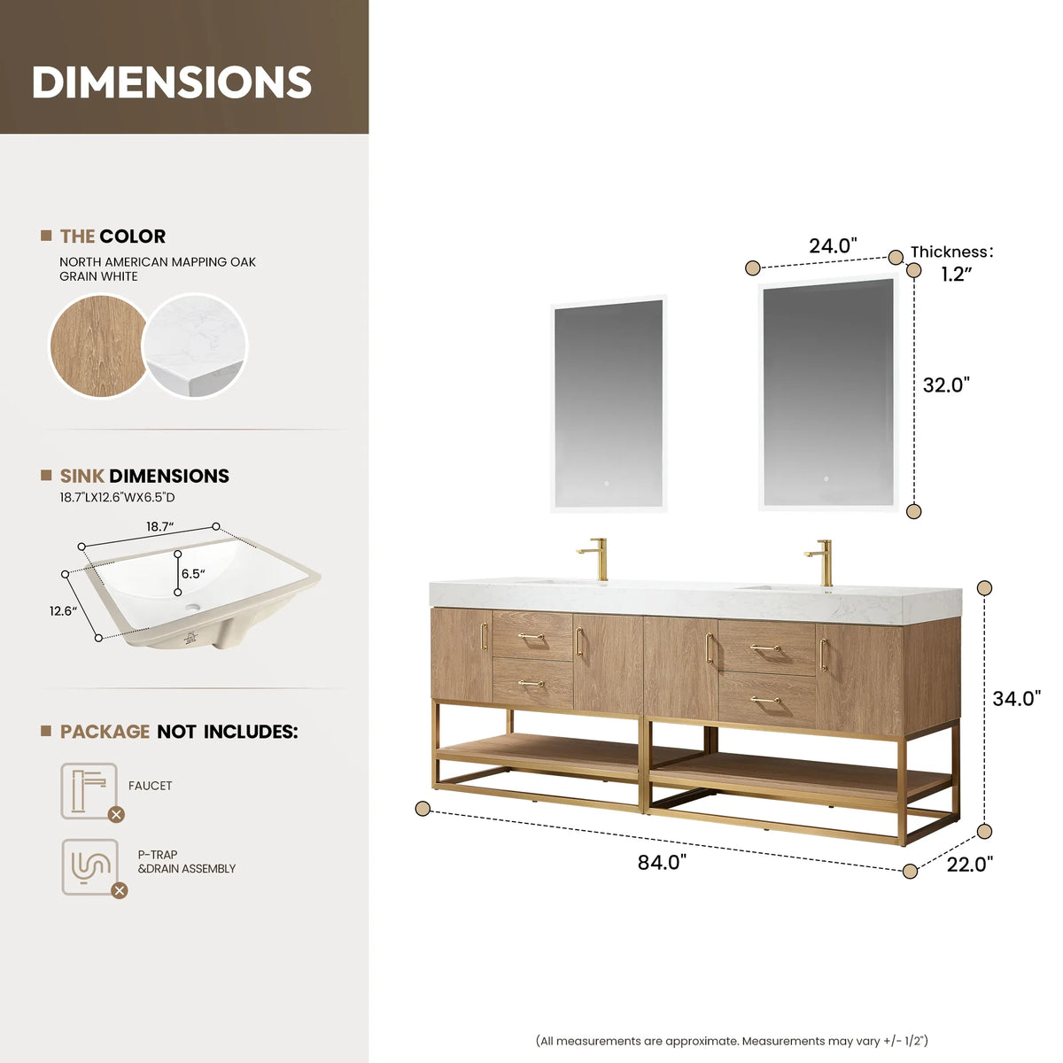 Overall width, depth and height marked on a dimension drawing of the 84 inch double vanity and its two mirrors