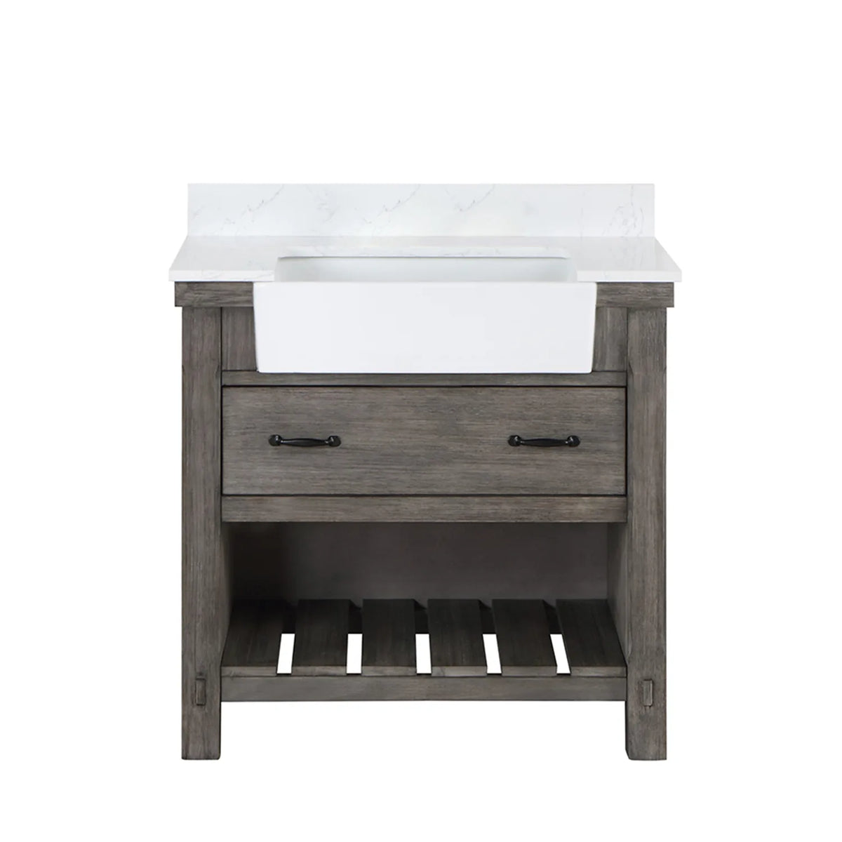 Classical Grey 36 inch single bathroom vanity, white composite stone top and slatted open shelving, white background