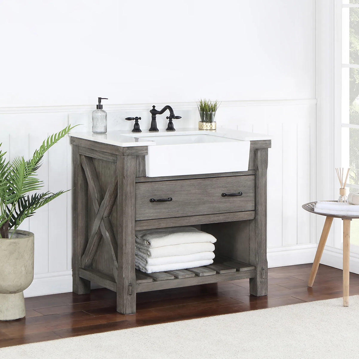 Side-angle shot of the crossed brace on the vanity side panel and the slatted open shelving