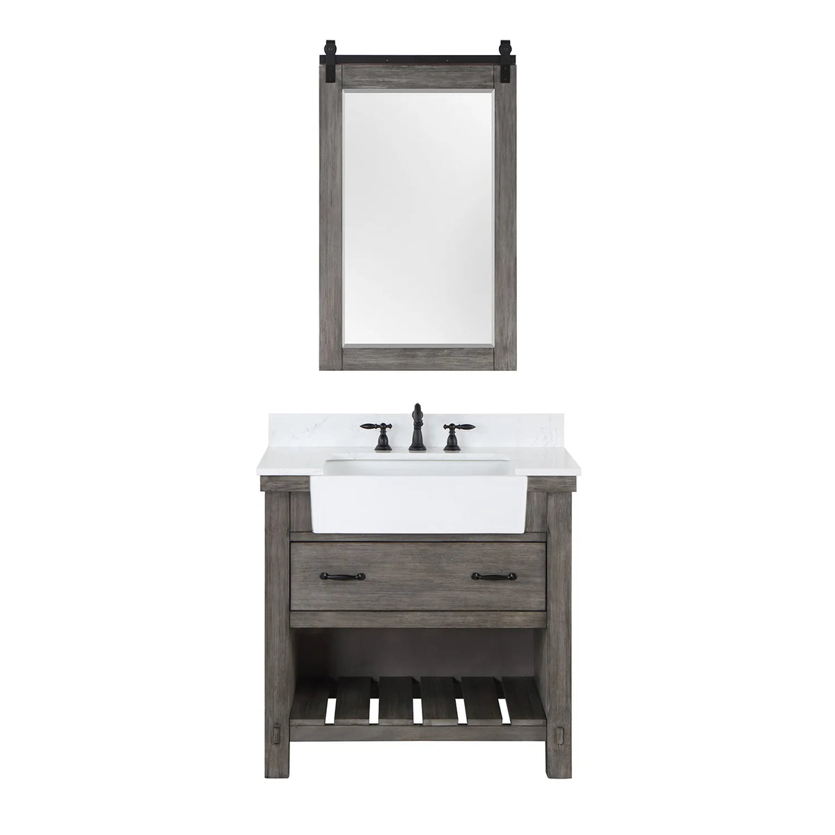 Wood-framed mirror paired with the Classical Grey vanity, front-on against white