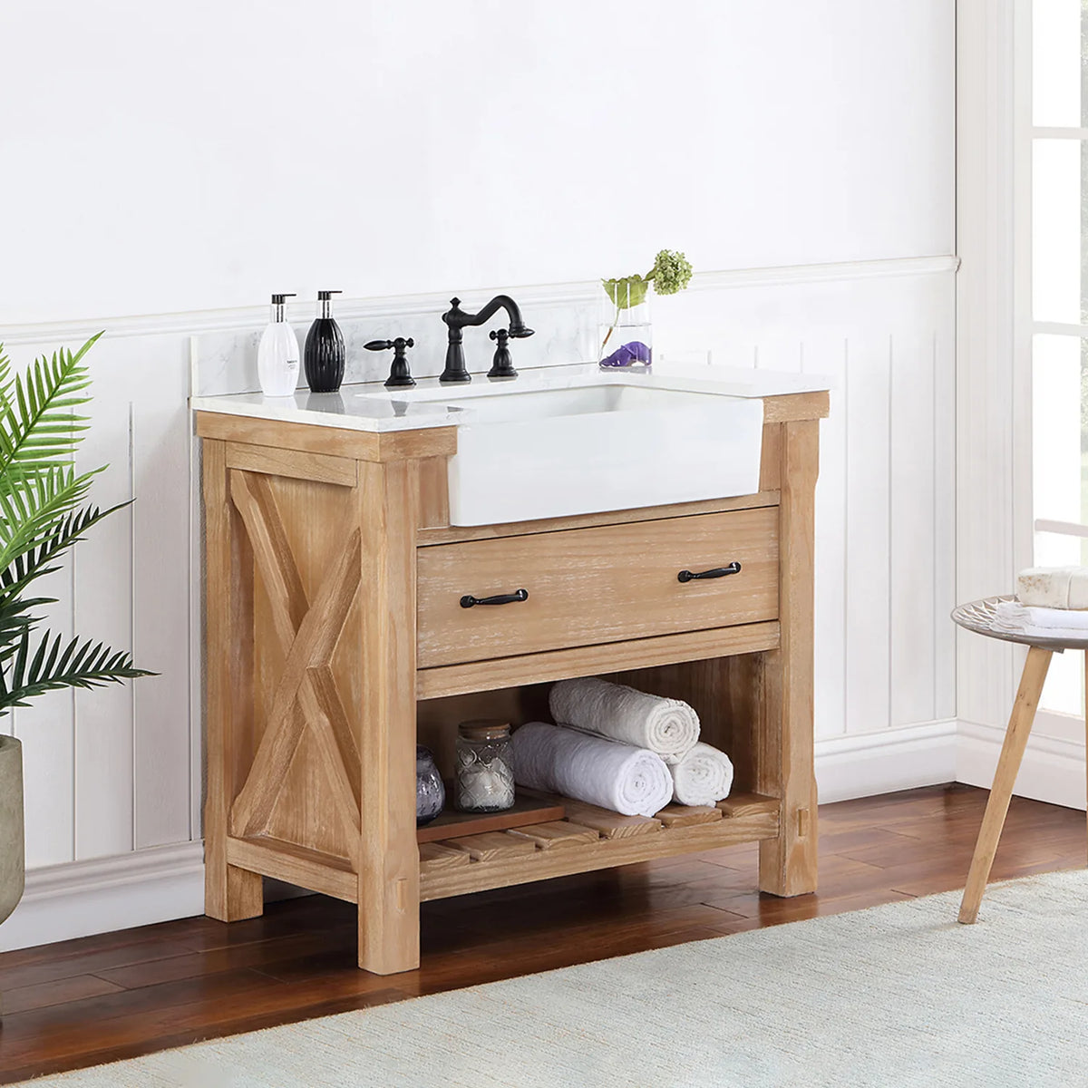 Side-angle shot of the crossed brace on the vanity side panel and the slatted open shelving