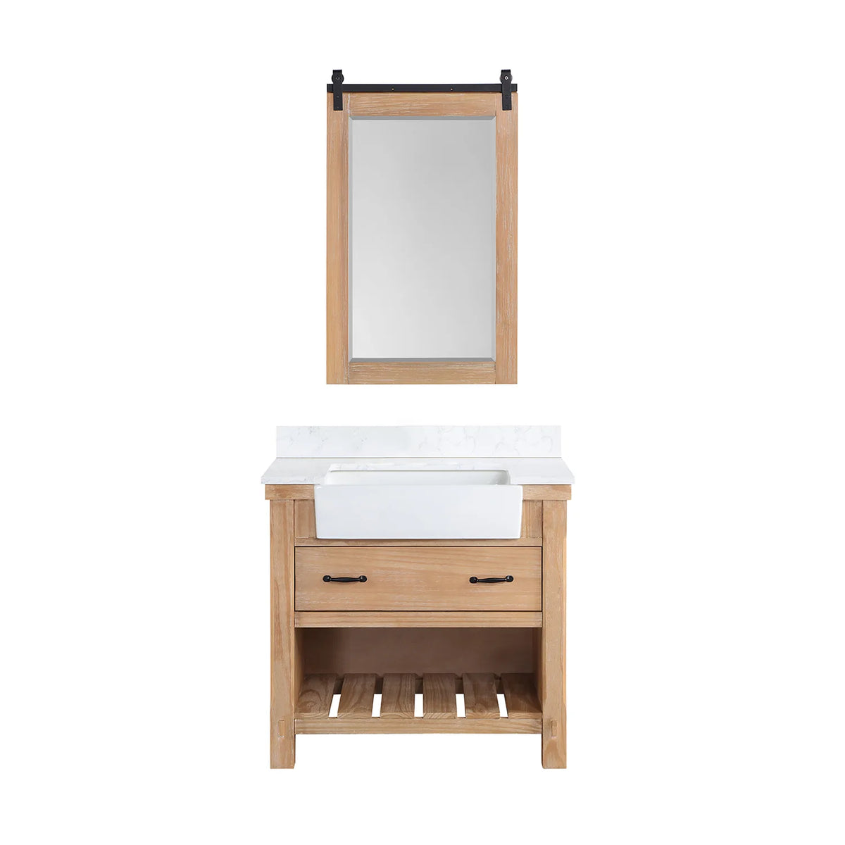 Weathered Pine cabinet beneath a framed mirror: one drawer, open shelving below, plain white backdrop