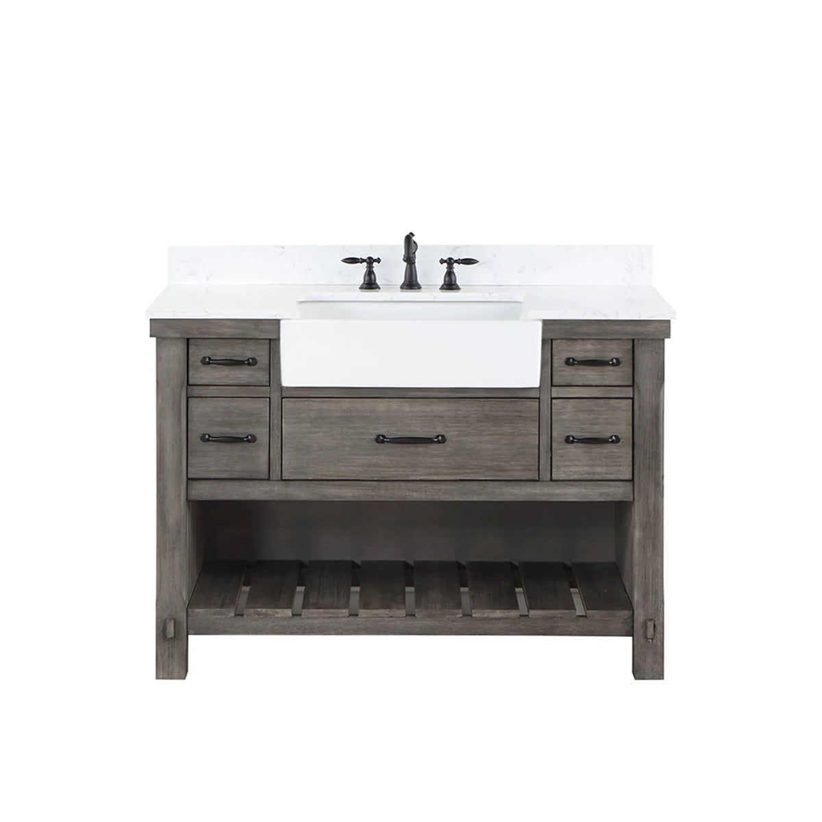 Widespread faucet installed on the white stone top, faucet sold separately, with five drawers and open shelving below
