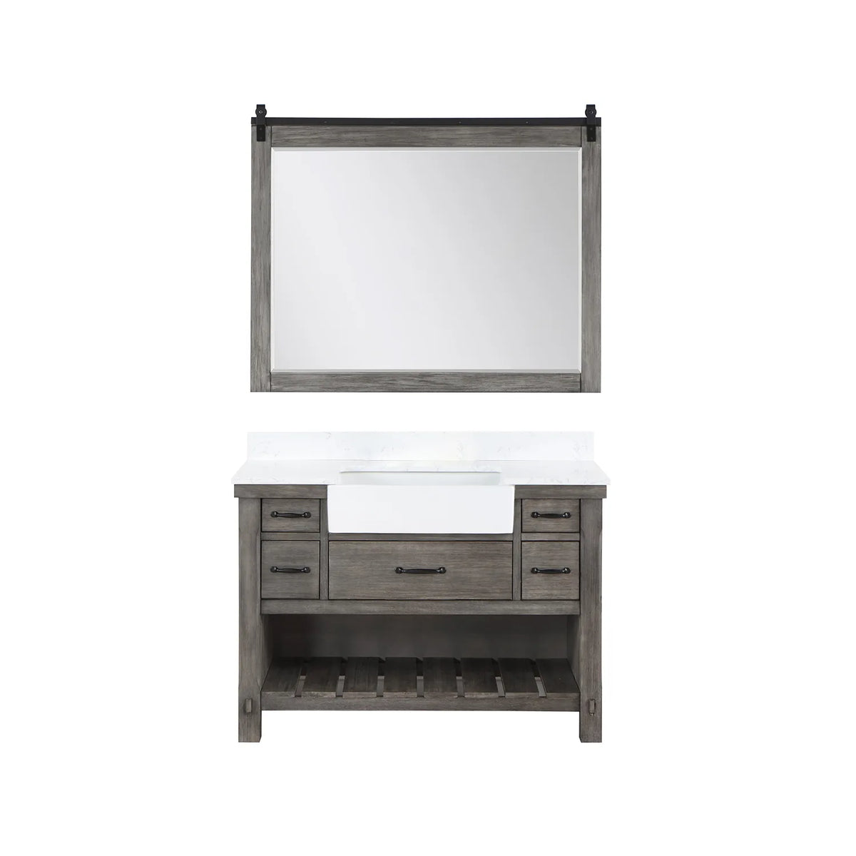 Classical Grey cabinet beneath a framed mirror: five drawers, open shelving below, plain white backdrop