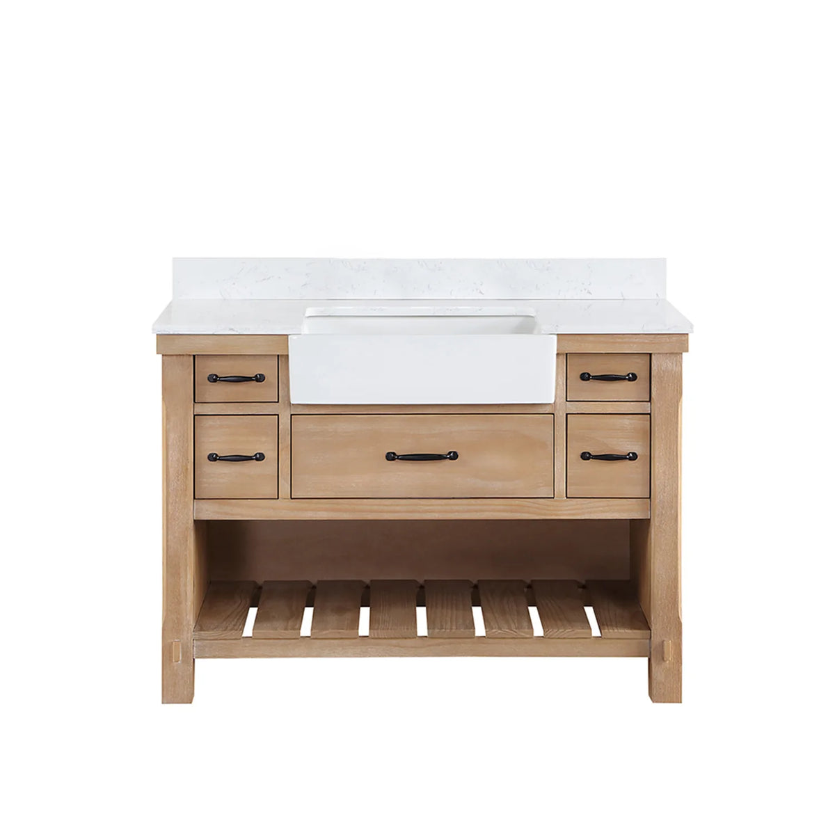 Weathered Pine 48 inch single bathroom vanity, white composite stone top and slatted open shelving, white background