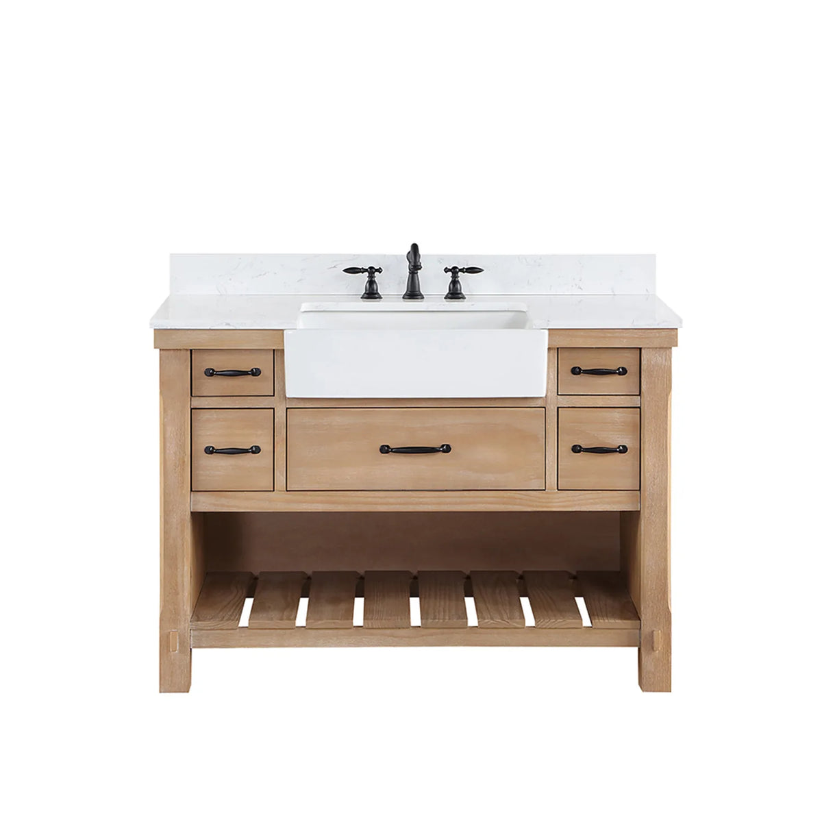 Widespread faucet installed on the white stone top, faucet sold separately, with five drawers and open shelving below