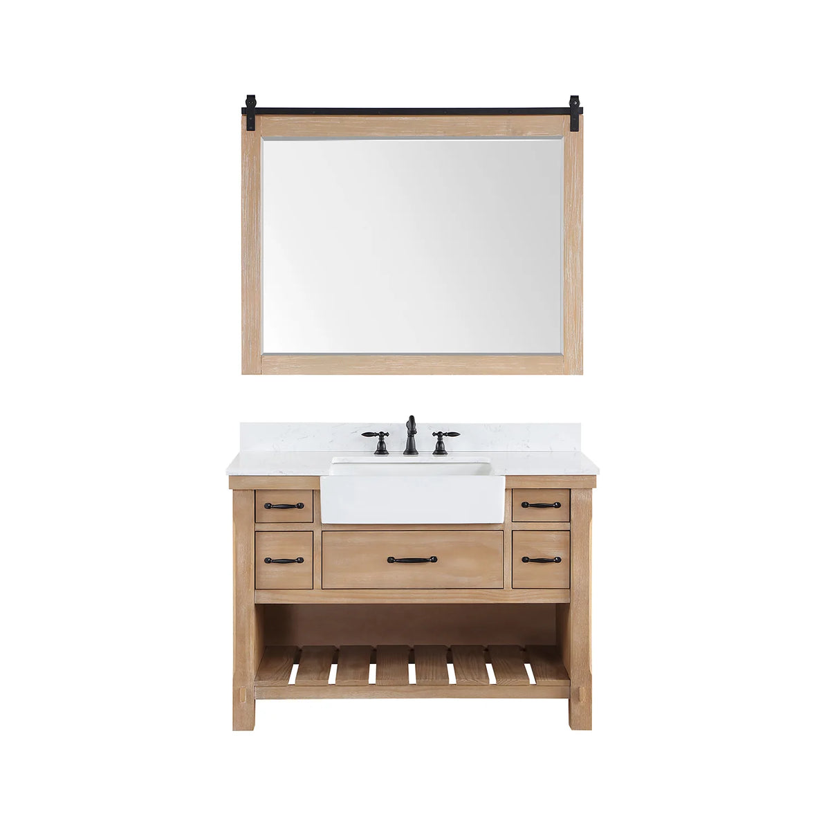 Wood-framed mirror paired with the Weathered Pine vanity, front-on against white