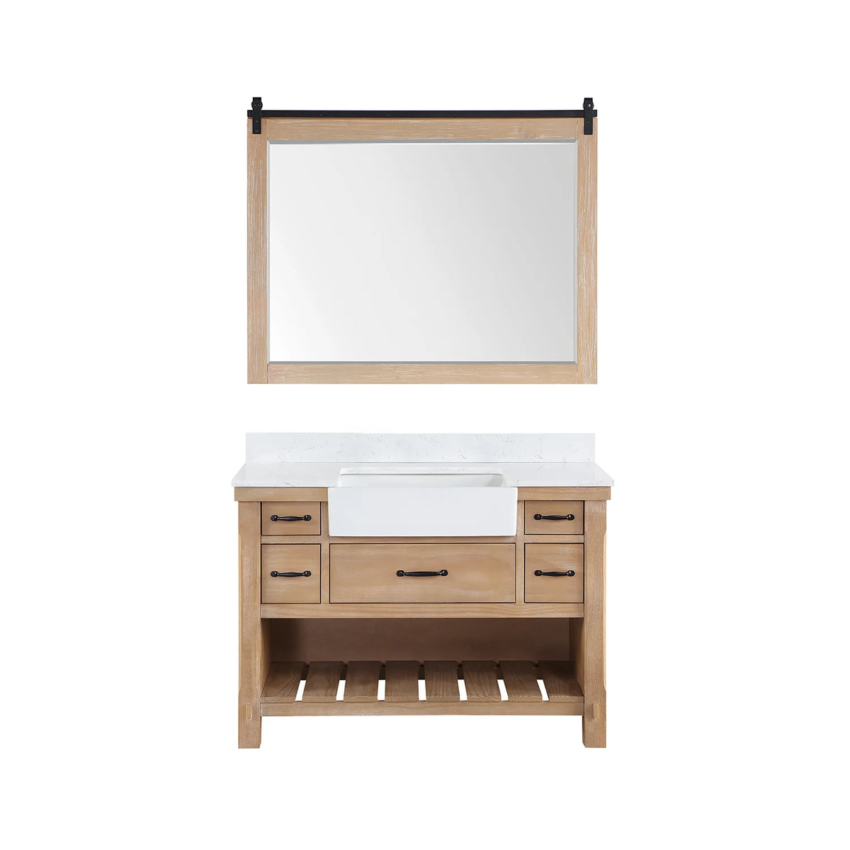 Weathered Pine cabinet beneath a framed mirror: five drawers, open shelving below, plain white backdrop