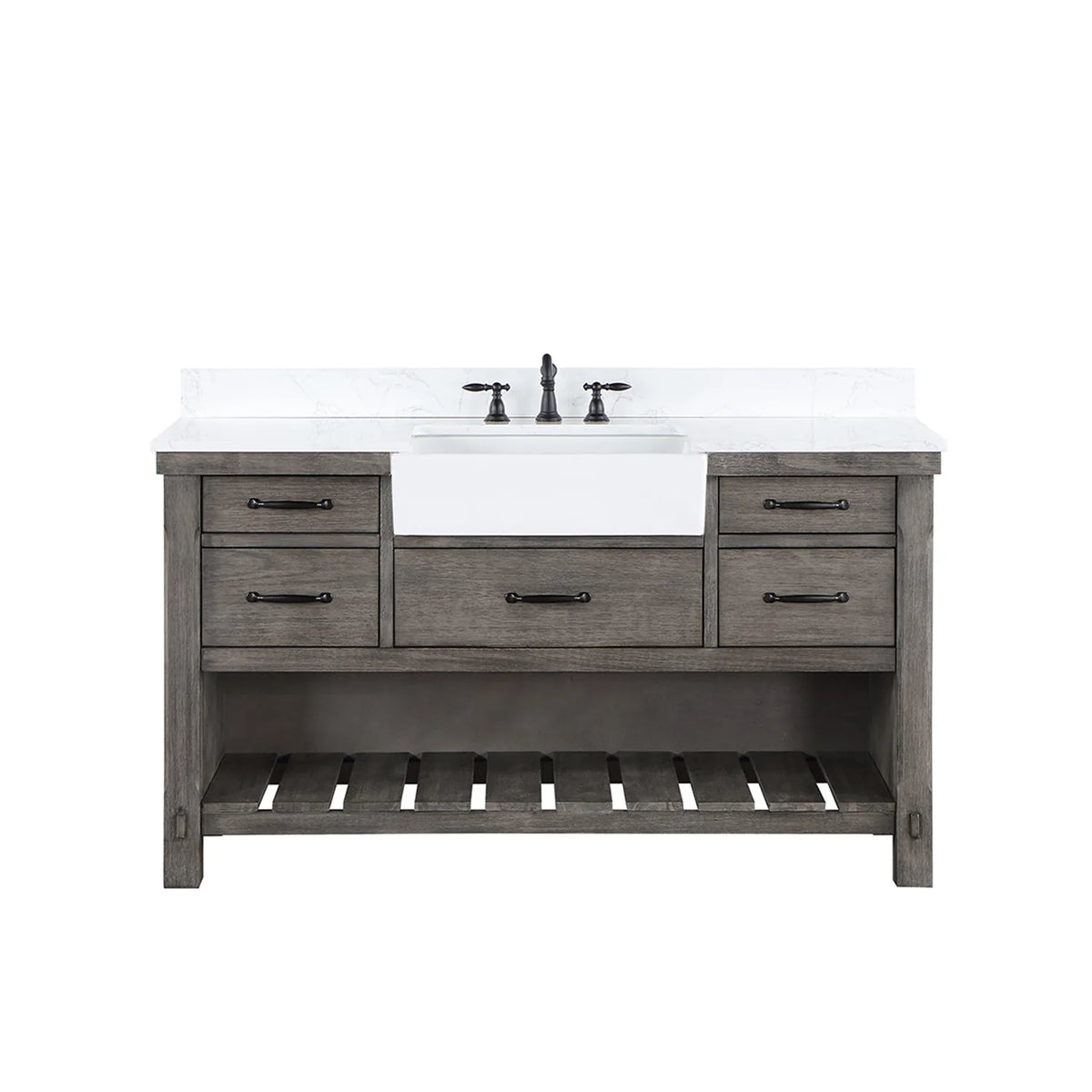 Widespread faucet installed on the white stone top, faucet sold separately, with five drawers and open shelving below