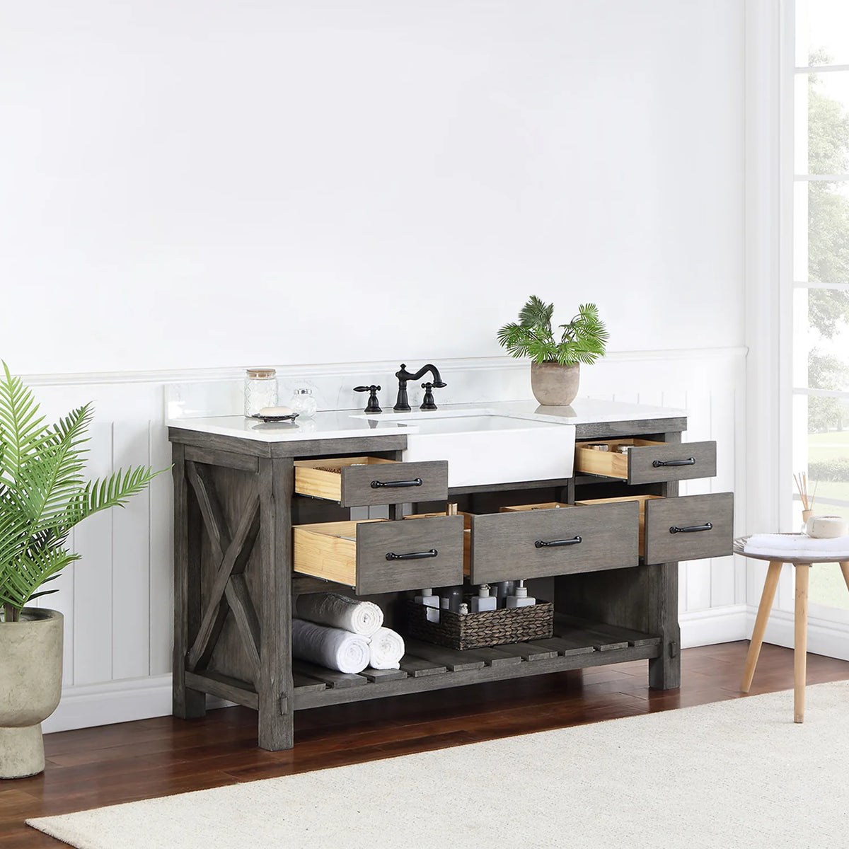 Center and side drawers open on the five-drawer 60 inch vanity