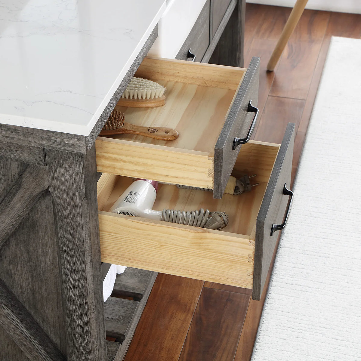 Narrow drawers open, wood boxes with dovetail corners