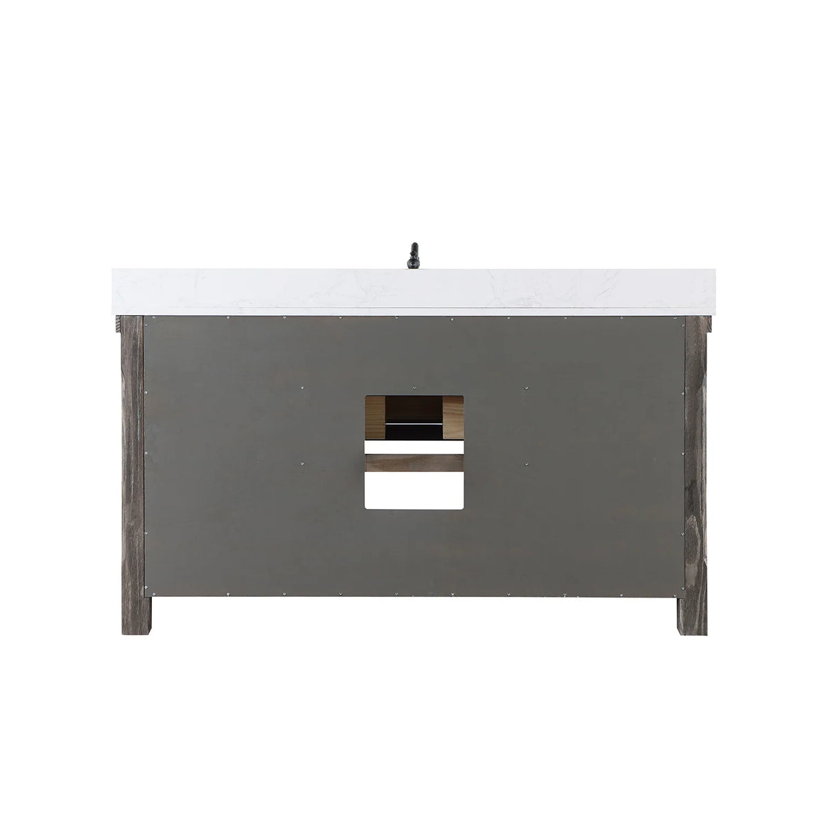 Back of the vanity with the solid back panel and plumbing opening, white background