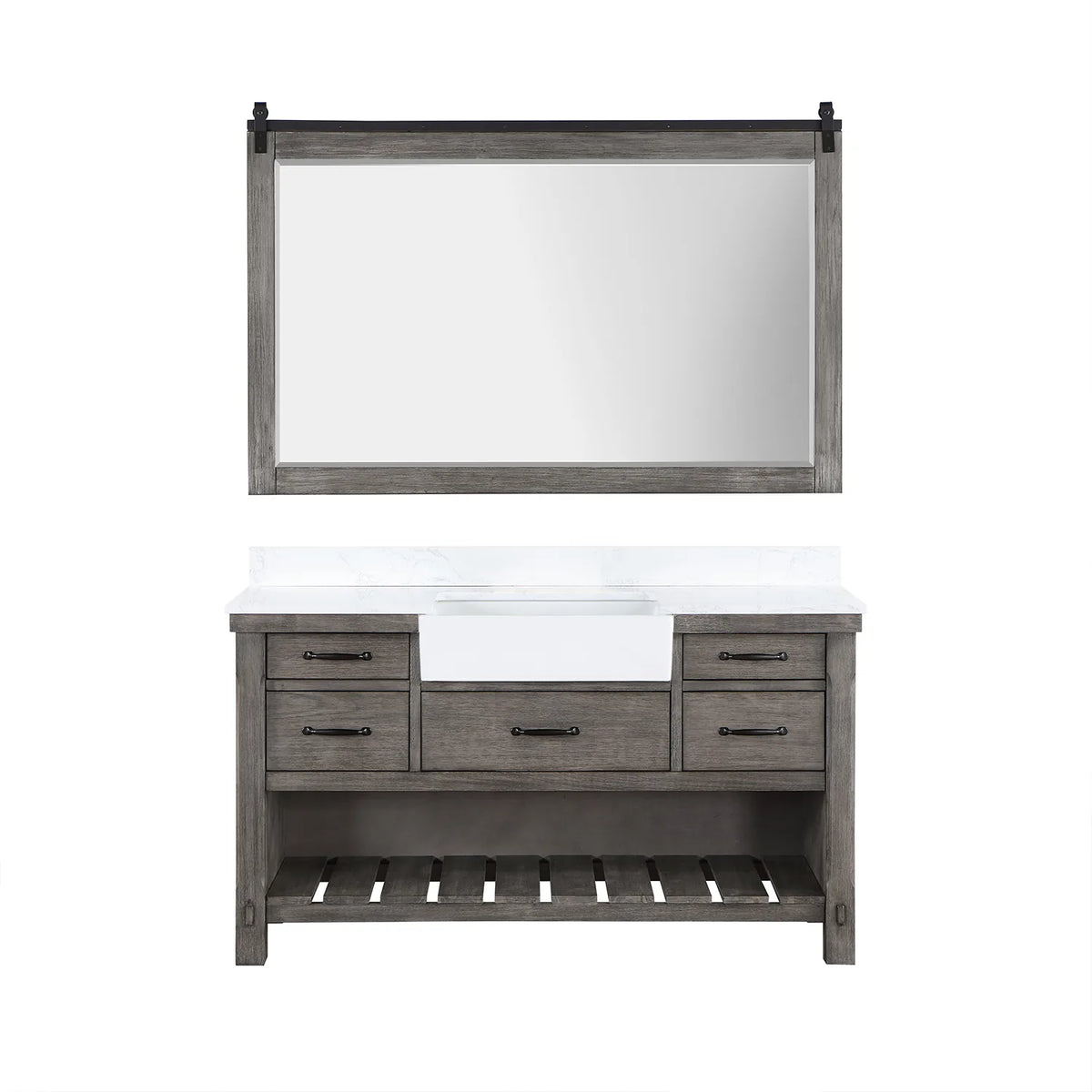 Classical Grey cabinet beneath a framed mirror: five drawers, open shelving below, plain white backdrop