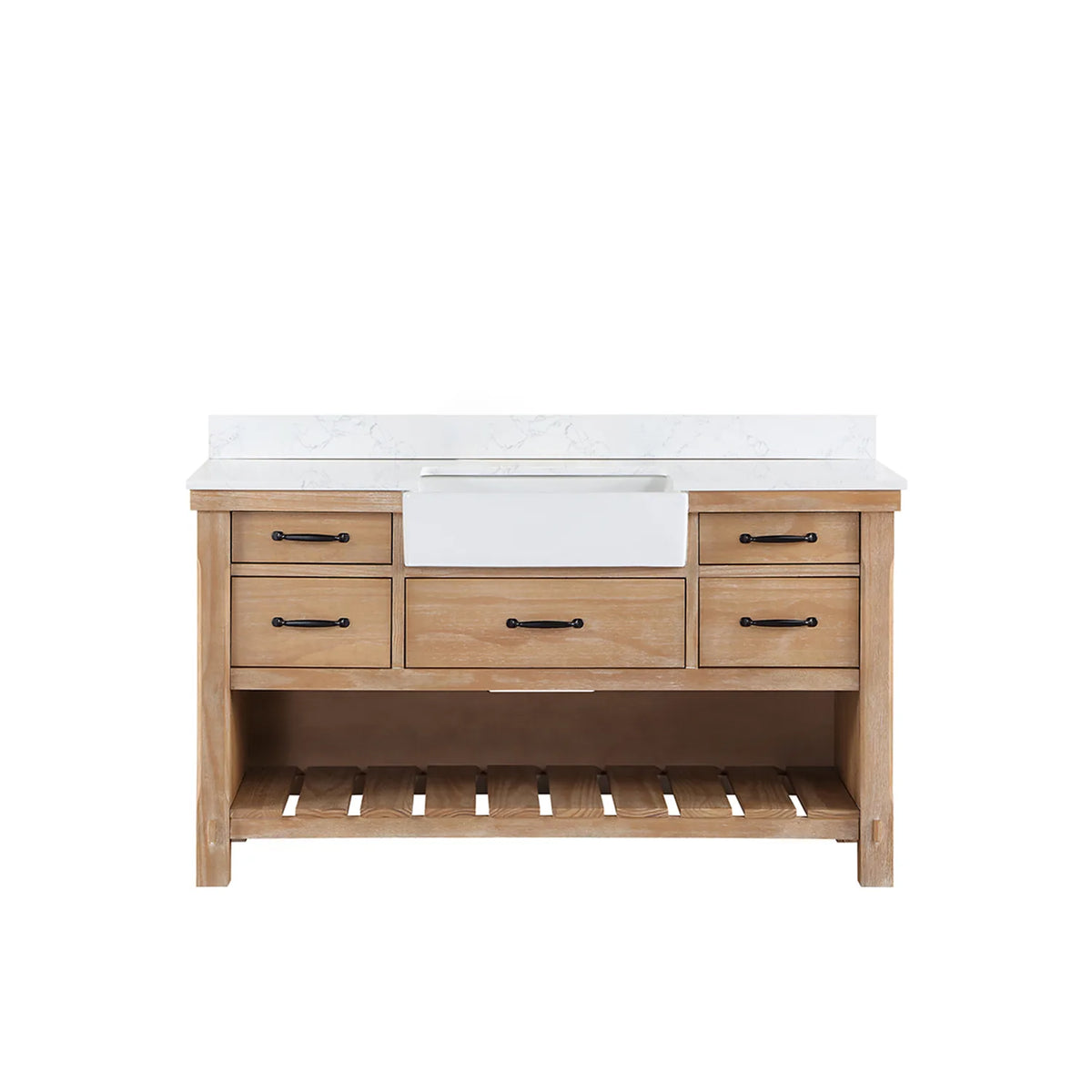 Weathered Pine 60 inch single bathroom vanity, white composite stone top and slatted open shelving, white background