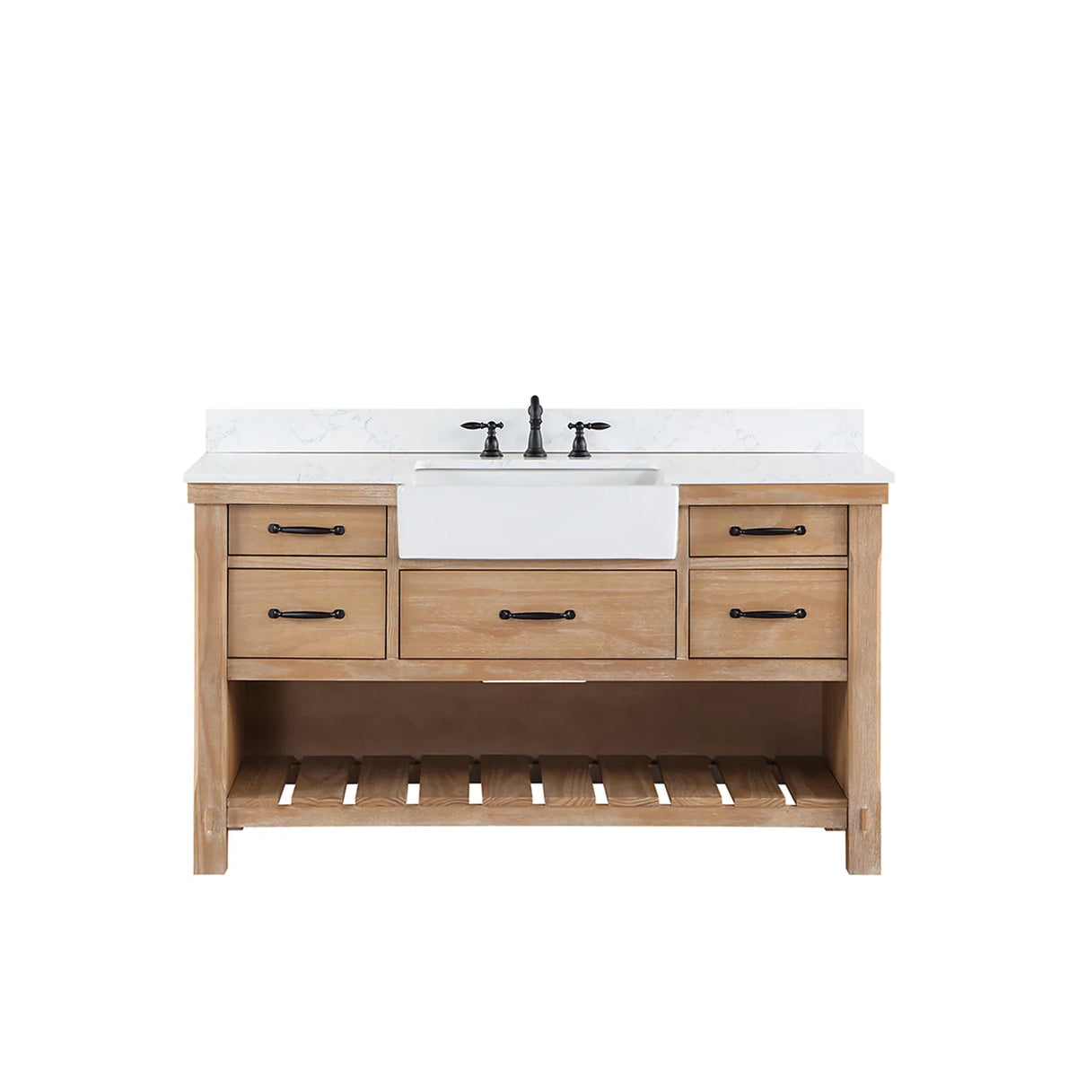Widespread faucet installed on the white stone top, faucet sold separately, with five drawers and open shelving below