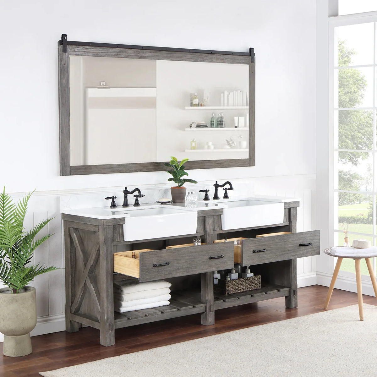 Wide mirror above the Classical Grey double vanity, both drawers standing open