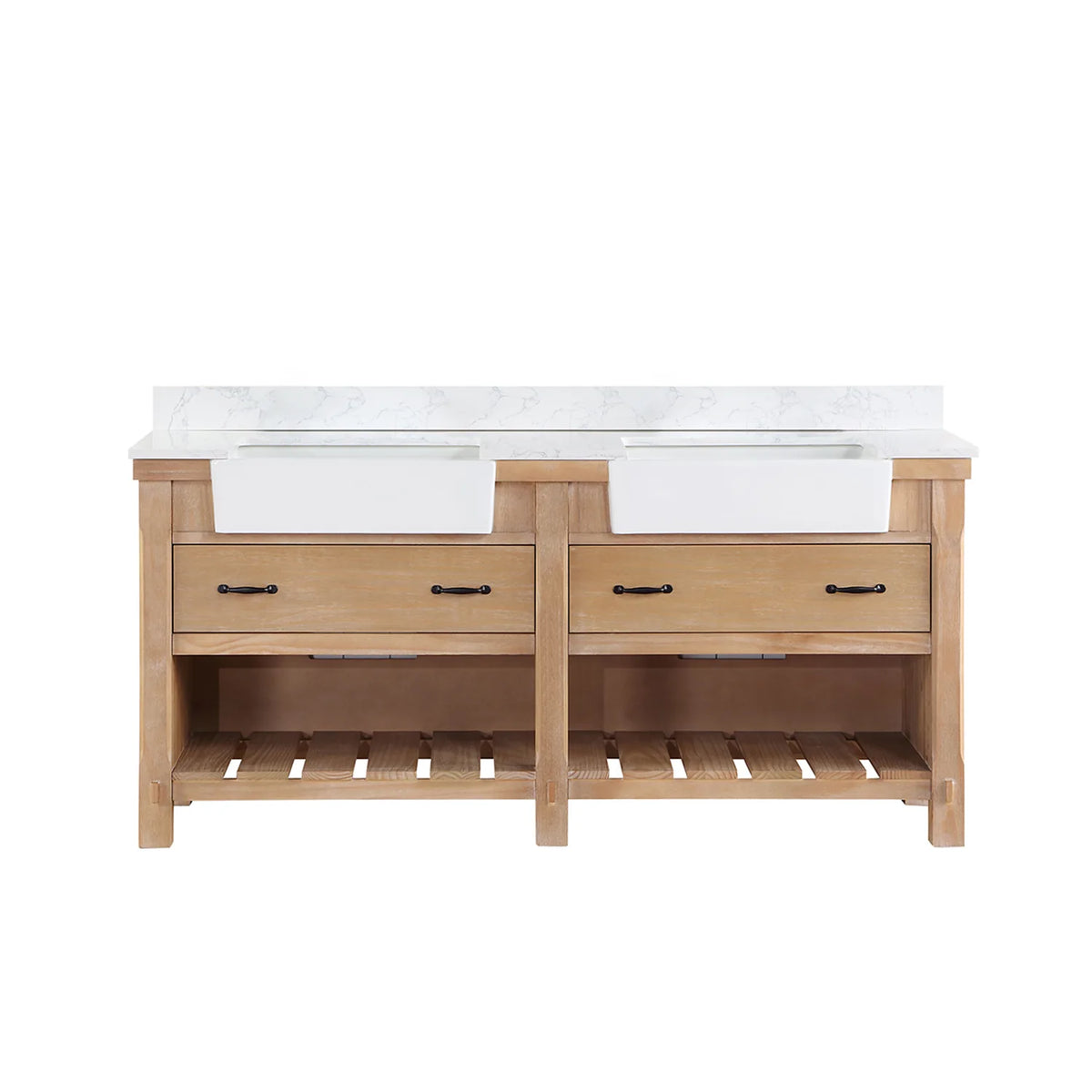 Weathered Pine 72 inch double bathroom vanity with a composite stone surface and slatted open shelving below