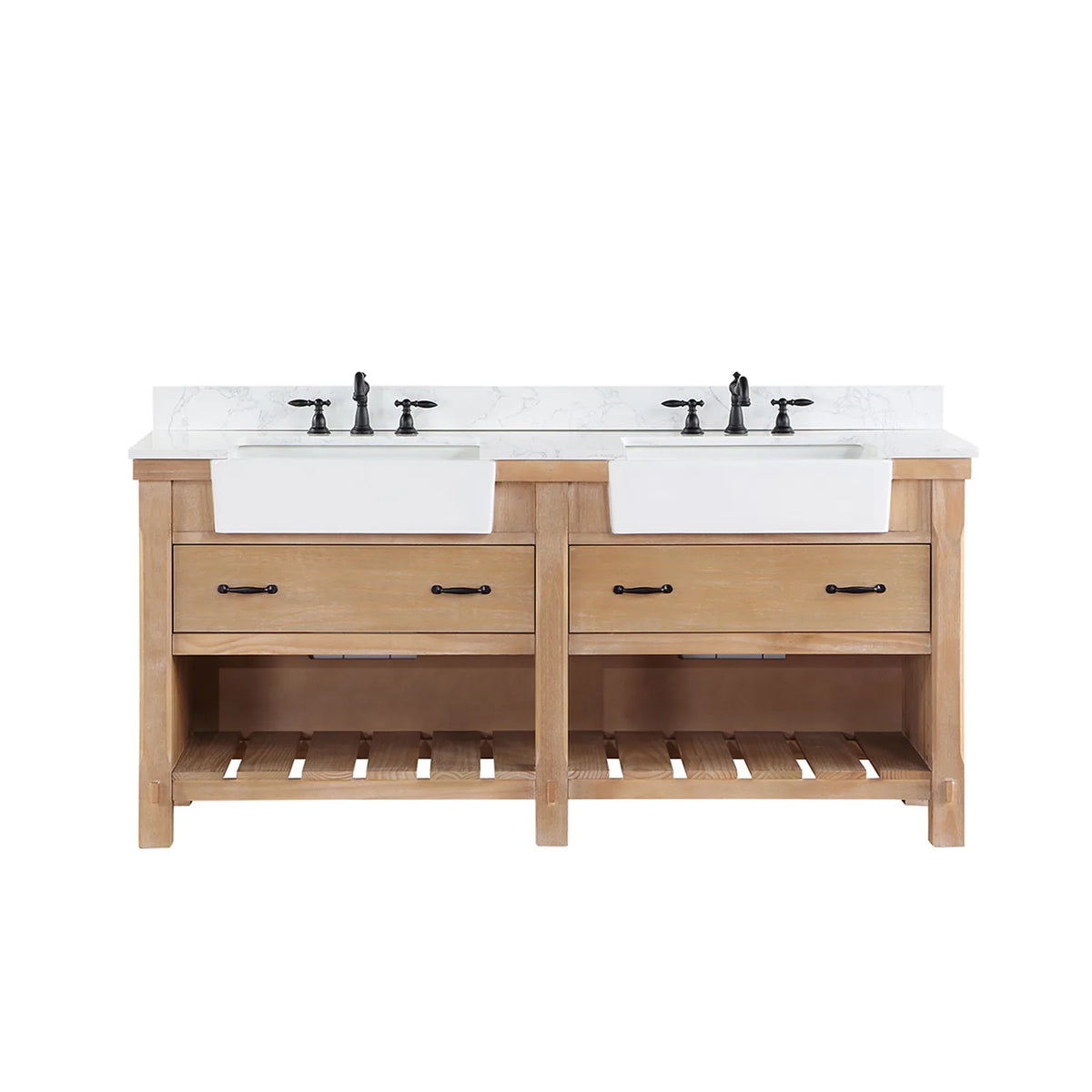 Widespread faucet installed on the white stone top, faucet sold separately, with two drawers and open shelving below