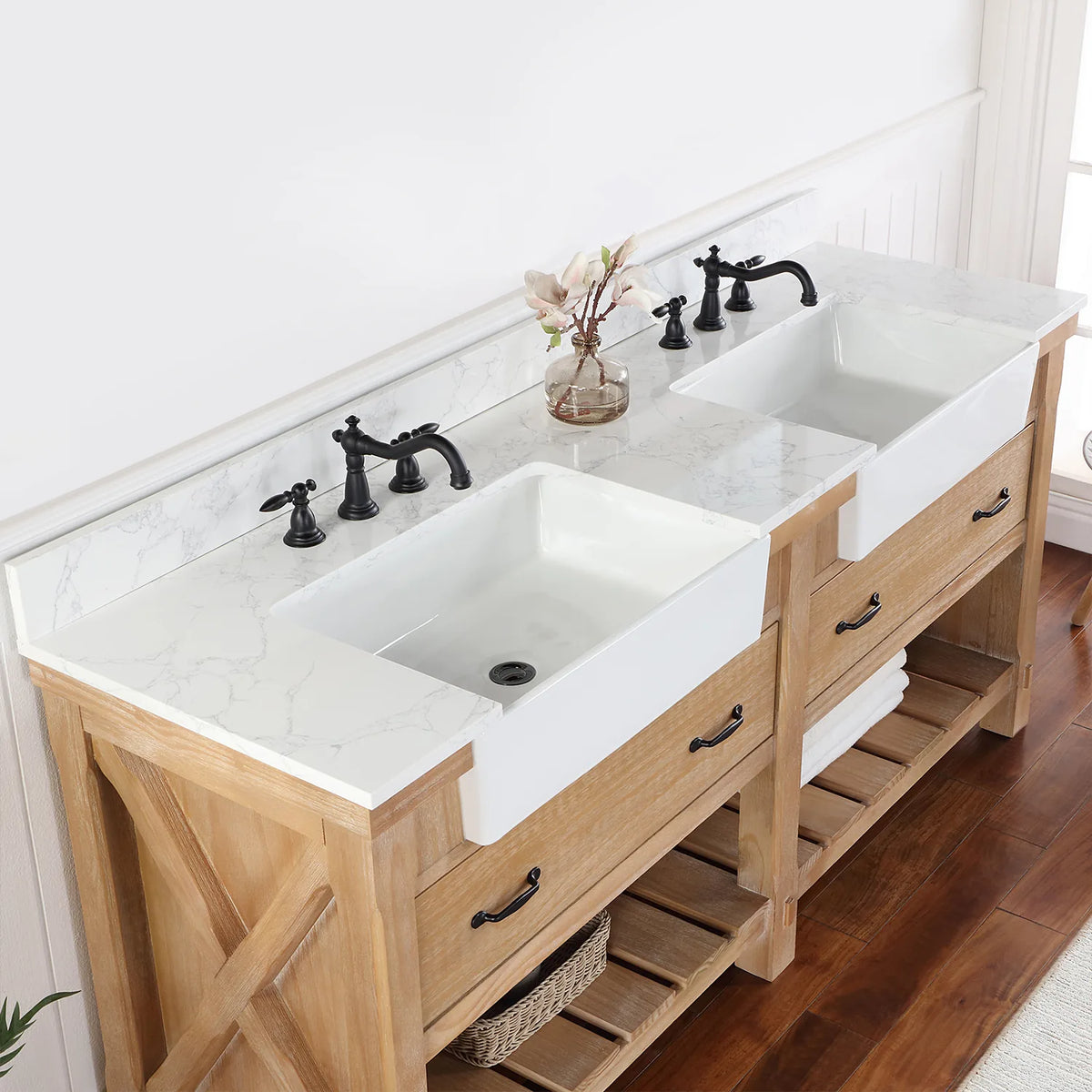 Angle across the backsplash and stone top with a black widespread faucet (sold separately)